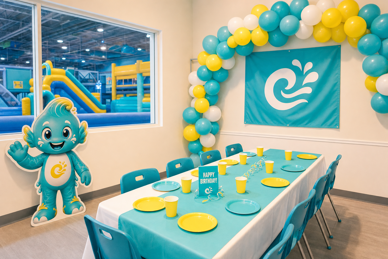 Festa de aniversário em parque insuflável — sala decorada Aqua Splash